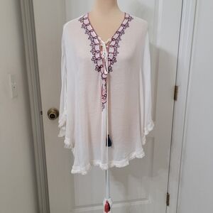 Quagga Green Label Size Unmarked Embroidered Boho Swim Coverup Cape / Poncho